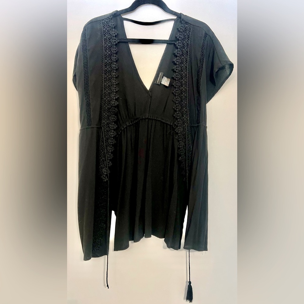 Cover 2 Cover Black Lace Boho Gauzy Beach Swim Cover Up Top Small S